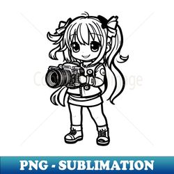 Coloring book manga chibi style The full body of a cute smiling chibi female photographer with DSLR - High-Quality PNG Sublimation Download - Add a Festive Touch to Every Day