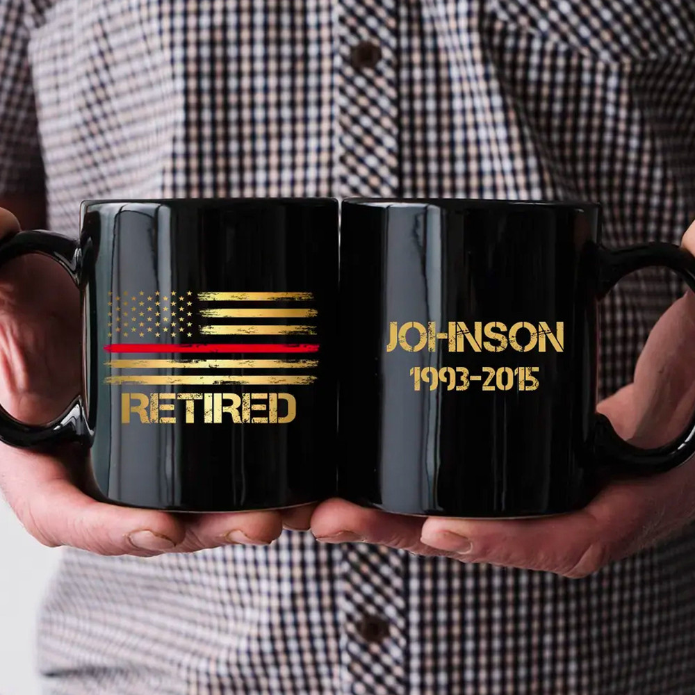 Personalized Retired Firefighter Custom Name Service Time Black Mug, Gifts for Firefighter.jpg