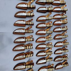 lot of 30, 6 inch damascus steel blade skinner knives with leather sheaths, anniversary gift