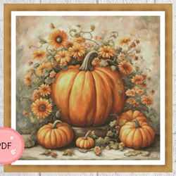 Cross Stitch Pattern,Pumpkin With Orange Flowers,Instant Download,X Stitch Chart,Harvest,Halloween,Autumn,Full Coverage