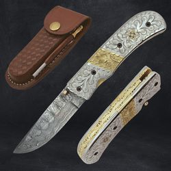 handmade engraved damascus steel folding pocket knife with sheath & sharpener