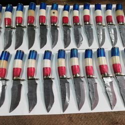 lot of 50 custom made damascus knives with different handle materials, hand forged skinning knives, custom damascus hunt