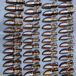 lot of 50, 6 inch damascus steel blade skinner knives with leather sheaths, anniversary gift