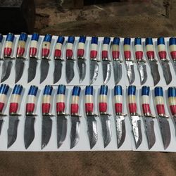 american flag handle lot of 30, 6 inch damascus steel blade skinner knives with leather sheaths, anniversary gift