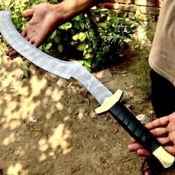 custom handmade damascus steel hunting short sword with leather sheath