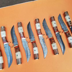 lot of 10, 6 inch damascus steel blade skinner knives with leather sheaths, anniversary gift