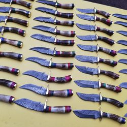 lot of 40, 6 inch damascus steel blade skinner knives with leather sheaths, anniversary gift