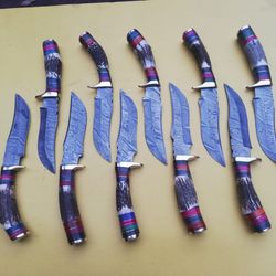 lot of 10, 6 inch damascus steel blade skinner knives with leather sheaths, anniversary gift