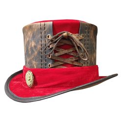 steampunk red velvet band leather top hat