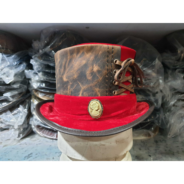 Steampunk Red Velvet Leather Top Hat (3).jpg