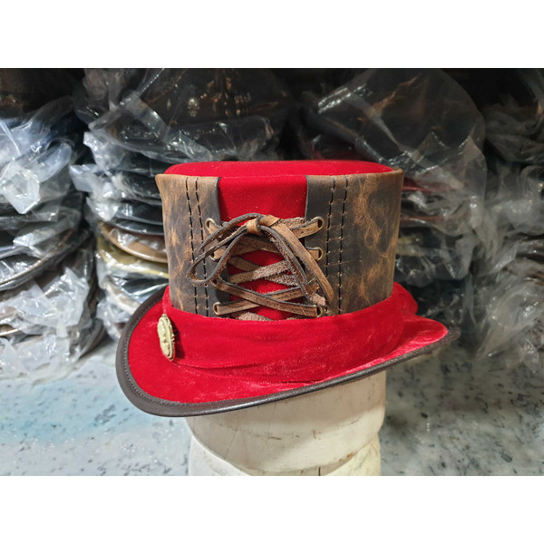 Steampunk Red Velvet Leather Top Hat (8).jpg