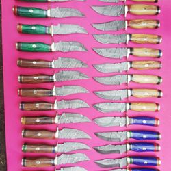 lot of 30, 6 inch damascus steel blade skinner knives with leather sheaths, anniversary gift