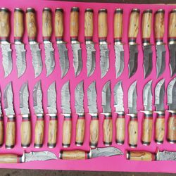 lot of 35, 6 inch damascus steel blade skinner knives with leather sheaths, anniversary gift