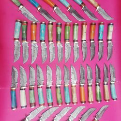 lot of 40, 6 inch damascus steel blade skinner knives with leather sheaths, anniversary gift