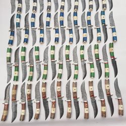 lot of 60, 6 inch damascus steel blade skinner knives with leather sheaths, anniversary gift