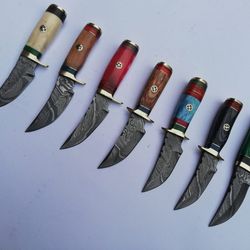 lot of 7, 6 inch damascus steel blade skinner knives with leather sheaths, anniversary gift