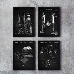 coiffeur patent set of 4, curling iron patent, scissors poster, hair dryer art, ladies hair brush, beauty gift, -1