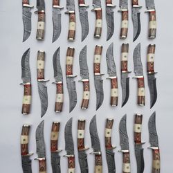 lot of 30, 6 inch damascus steel blade skinner knives with leather sheaths, anniversary gift
