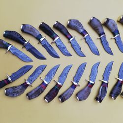 lot of 20, 6 inch damascus steel blade skinner knives with leather sheaths, anniversary gift