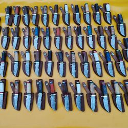 lot of 50, 6 inch damascus steel blade skinner knives with leather sheaths, anniversary gift