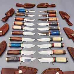 lot of 20, 6 inch high carbon steel blade skinner knives with leather sheaths, anniversary gift