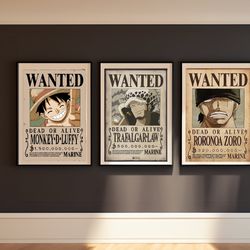 one piece anime wanted poster - one piece manga posters, monkey d luffy, roronoa zoro, trafalgar d water law, one piece