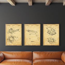 tool patent print set of 3, diy tool posters, circular saw poster, drill patent, chainsaw art, workshop poster, -1