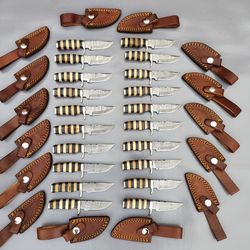 LOT OF 20, OVERALL LENGTH 6 INCHES DAMASCUS STEEL HUNTING SKINNER KNIVES WITH LEATHER SHEATHS