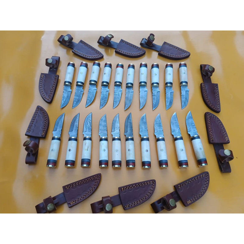 6 INCHES DAMASCUS STEEL HUNTING SKINNER KNIVES WITH LEATHER SHEATHS