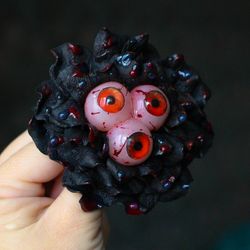 Witch jewelry Creepy black flower with eyes and blood Black flower brooch