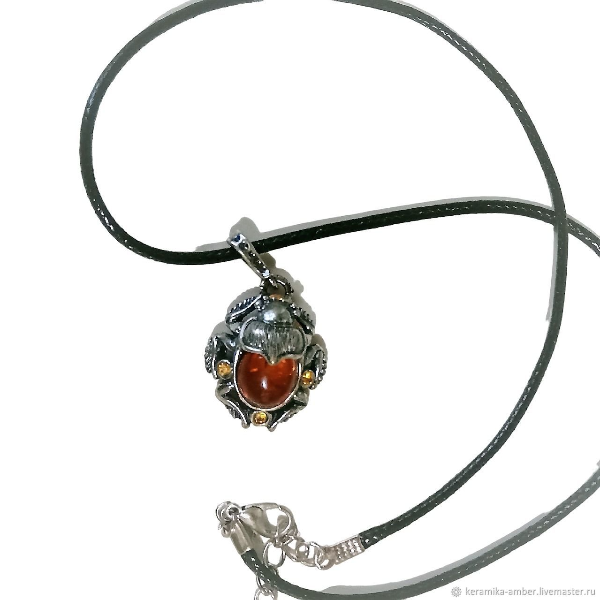 Egyptian Scarab Beetle Necklace Cord Baltic Amber 525 Silver Insect Jewelry Pendant Necklace (2).jpg