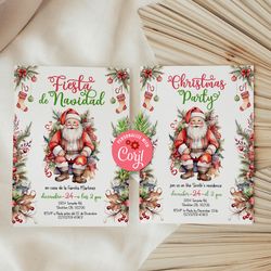 fiesta de navidad invitation, christmas holiday invitation, feliz navidad santa claus, christmas tree party invitation