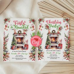 fiesta de navidad invitation, christmas holiday invitation feliz navidad christmas fireplace christmas party invitation