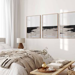 Modern Simple Minimal Landscape Wall Art Set of 3 Abstract Art Black Beige Prints Minimalist Bedroom Decor Living Dining