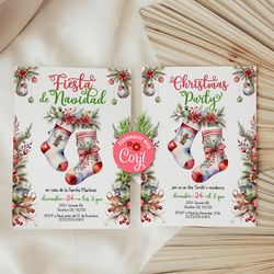 fiesta de navidad invitation, christmas holiday invitation, feliz navidad, christmas socks, christmas party invitation