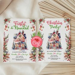 fiesta de navidad invitation, christmas holiday invitation, feliz navidad, christmas house, christmas party invitation