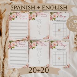 Pink Rose English Spanish Bridal Shower Games, Despedida de Soltera Juegos, Pink Floral Spanish English Bachelorette