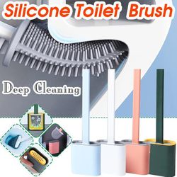 toilet brush water leak proof with base silicone wc flat head flexible soft bristles brush with quick drying holder