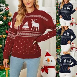 Women Casual Christmas Fawn Knit Contrast Color Pullover Sweater