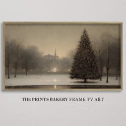 frame tv art christmas snowy city park, giant vintage xmas tree, festive winter art, neutral holiday samsung tv art, dig