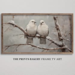 frame tv art winter doves in snow, vintage bird wonderland, snowscape rustic samsung tv art, primitive neutral dove, dig