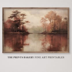 printable vintage fall lakeside print, autumn landscape wall art, farmhouse neutral prints, rustic primitive foliage, di