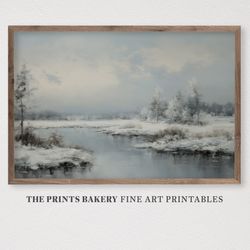 printable winter wonderland lakeside landscape print, vintage farmhouse rustic wall art, neutral country art prints, dig