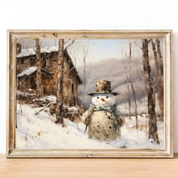 snowman print, winter landscape painting, vintage snowman poster printable snowman painting, winter country decor, chris