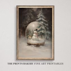 printable christmas cute snowman in snow globe print, rustic farmhouse winter wall art, vintage neutral xmas forest, dig