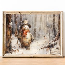 snowman print, winter forest painting, vintage snowman poster, printable snowman painting, winter farmhouse decor, rusti