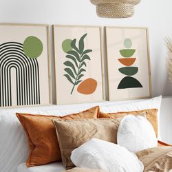 boho abstract wall art prints, boho wall decor, set of 3 prints, scandi art, mid century prints, sage, green, black, bei