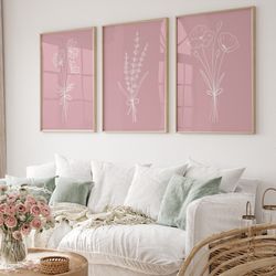 flowers wall art set of 3, botanical wall decor, plant wall art, botanical art, pink home decor, flower wall print, pink