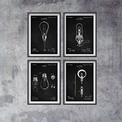 patent posters set of 4, edison electric lamp, lamp patent poster, edison art, electric lamps, wall decor,