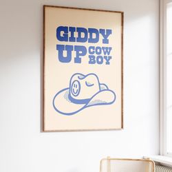 retro cowboy hat poster, vintage western wall art, wild west print, giddy up cowboy print, retro wall art, blue retro ar